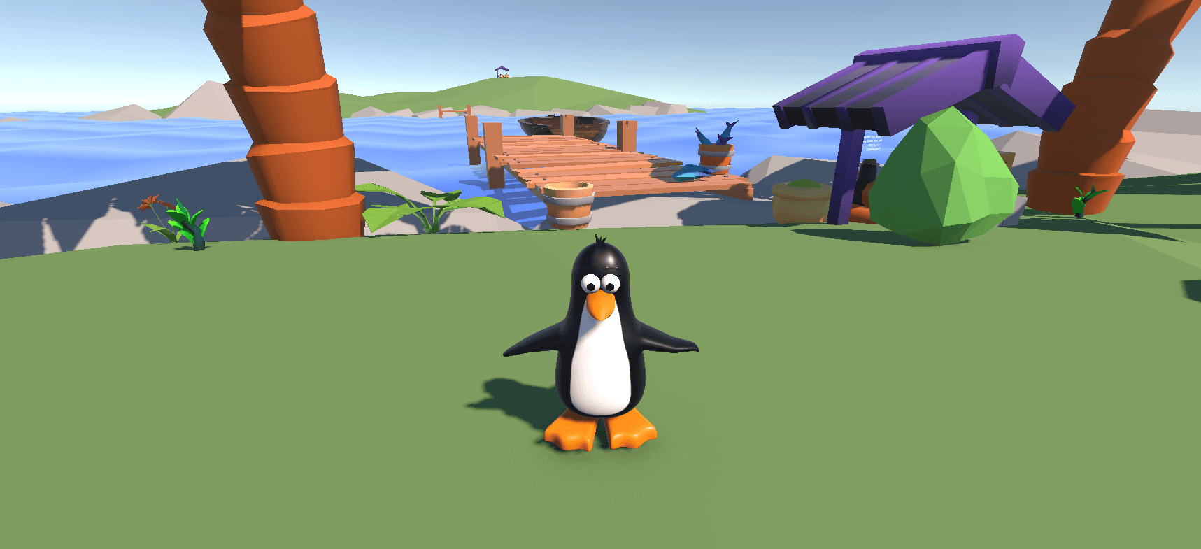A penguin standing on grass with the dock and boat behind