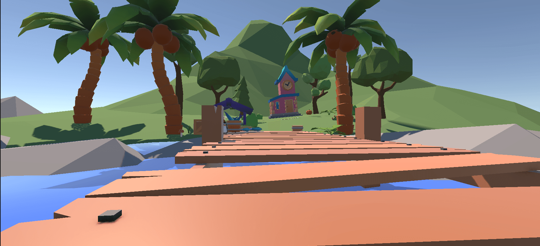 The starting dock, palm trees, mountain, pink dispatcher hut